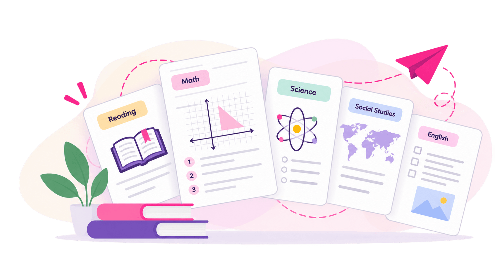 Worksheets for reading, math, science, social studies and English
