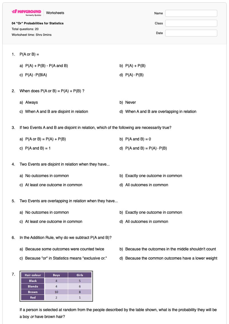 04 "Or" Probabilities for Statistics - Printable Non-disjoint-events Worksheets - Wayground