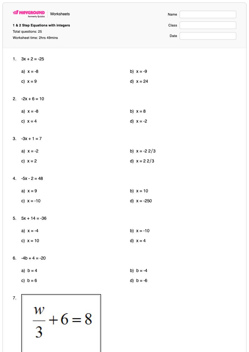 1 & 2 Step Equations with integers - Printable Two-step-equations Worksheets - Wayground