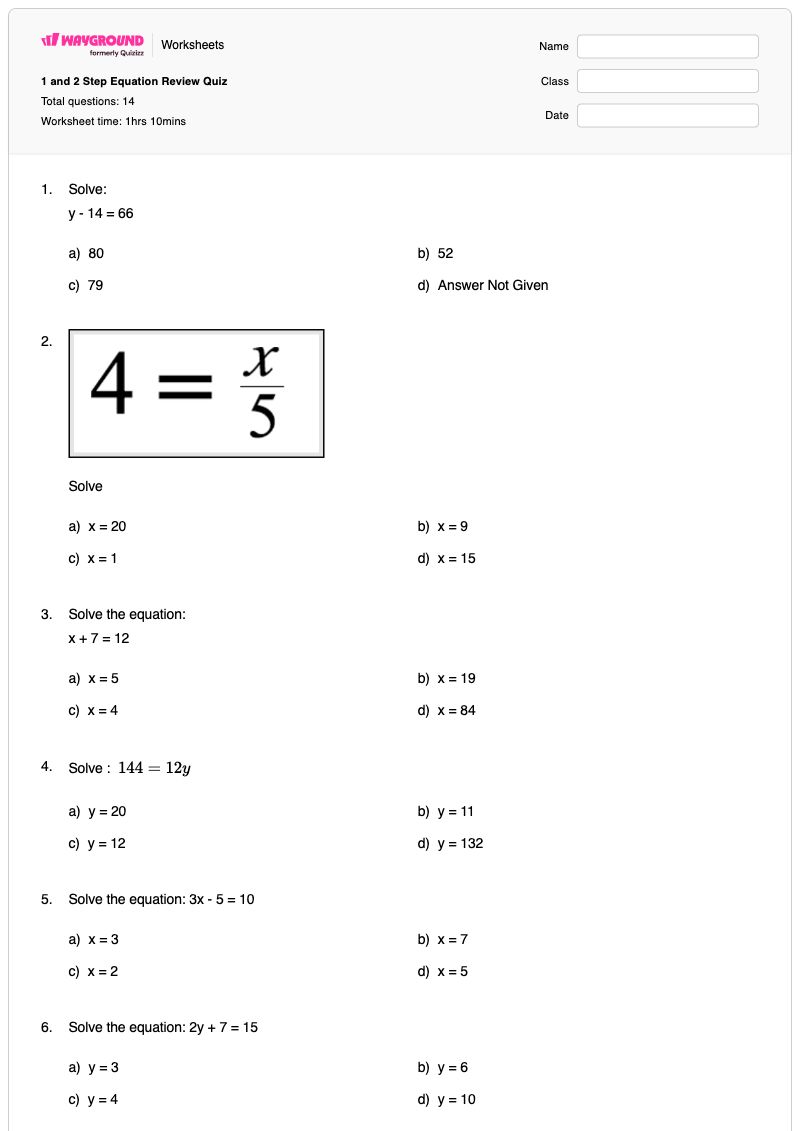 1 and 2 Step Equation Review Quiz - Printable Two-step-equations Worksheets - Wayground