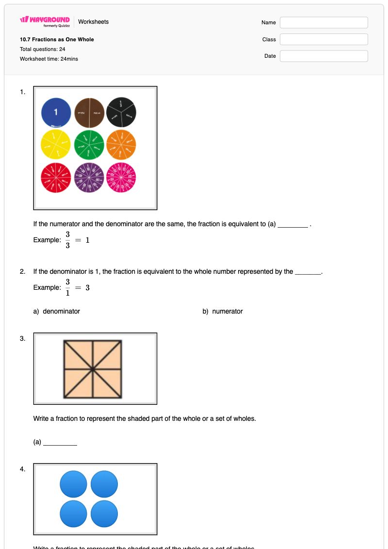 10.7 Fractions as One Whole - พิมพ์ได้ Part-part-whole-relationships เวิร์กชีท ระดับ 3 - Wayground