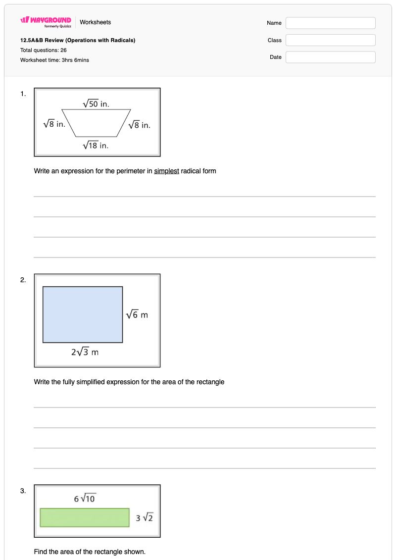 12.5A&B Review (Operations with Radicals) - พิมพ์ได้ ปฏิบัติการกับพวกหัวรุนแรง เวิร์กชีท ระดับ 9 - Wayground