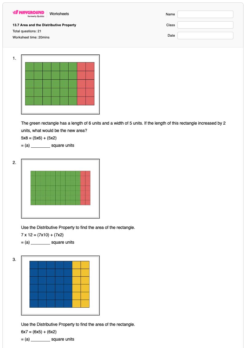 13.7 Area and the Distributive Property - พิมพ์ได้ ทรัพย์สินการแจกแจง เวิร์กชีท ระดับ 3 - Wayground