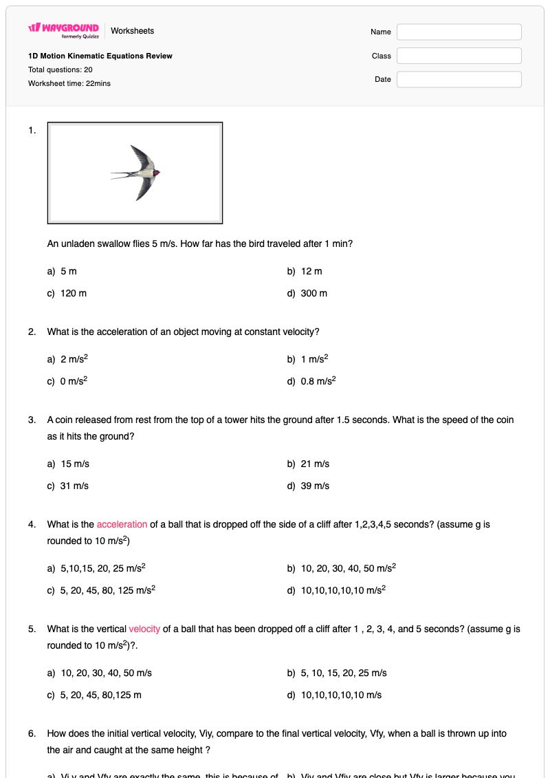 1D Motion Kinematic Equations Review - พิมพ์ได้ One-dimensional-kinematics เวิร์กชีท - Wayground