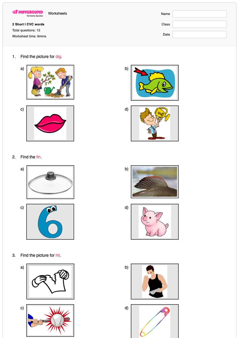 2 Short I CVC words - พิมพ์ได้ Word-picture-matching เวิร์กชีท ระดับ 2 - Wayground