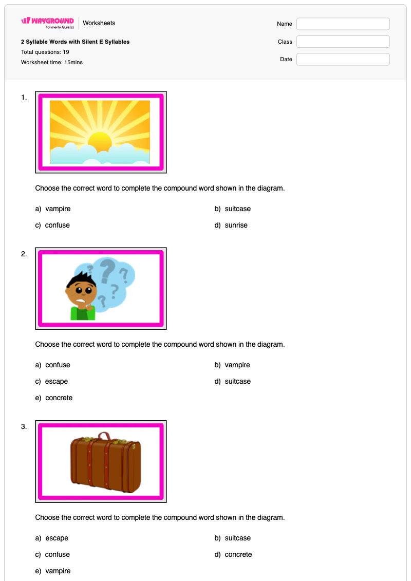 2 Syllable Words with Silent E Syllables - พิมพ์ได้ Word-picture-matching เวิร์กชีท ระดับ 3 - Wayground