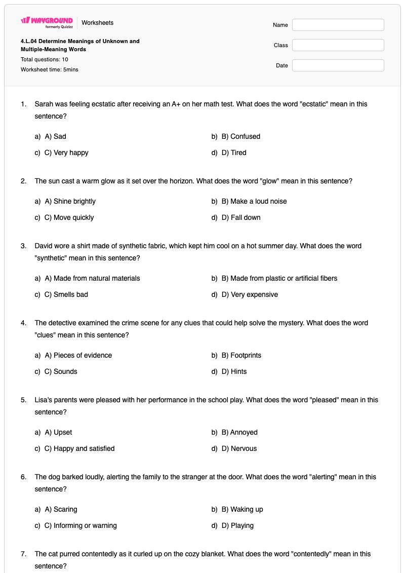 4.L.04 Determine Meanings of Unknown and Multiple-Meaning Words  - พิมพ์ได้ Multiple-meaning-words เวิร์กชีท ระดับ 4 - Wayground