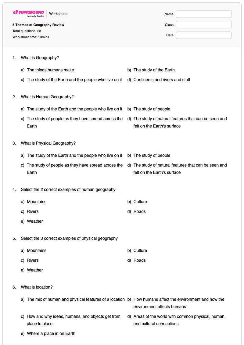 5 Themes of Geography Review - พิมพ์ได้ Interpersonal-relationships เวิร์กชีท ระดับ 6 - Wayground