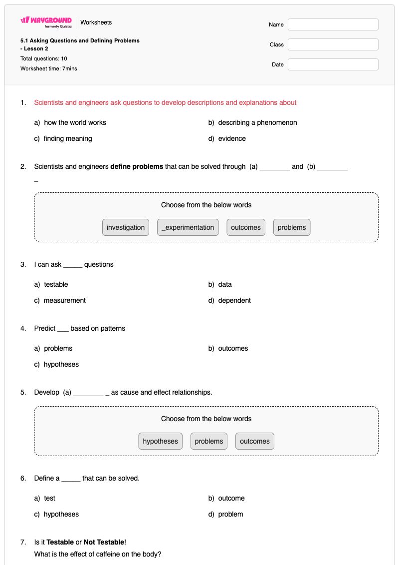 5.1 Asking Questions and Defining Problems - Lesson 2 - พิมพ์ได้ Scientific-inquiry เวิร์กชีท ระดับ 5 - Wayground
