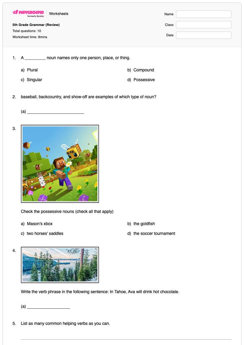 5th Grade Grammar (Review) - พิมพ์ได้ Peer-review เวิร์กชีท ระดับ 5 - Wayground