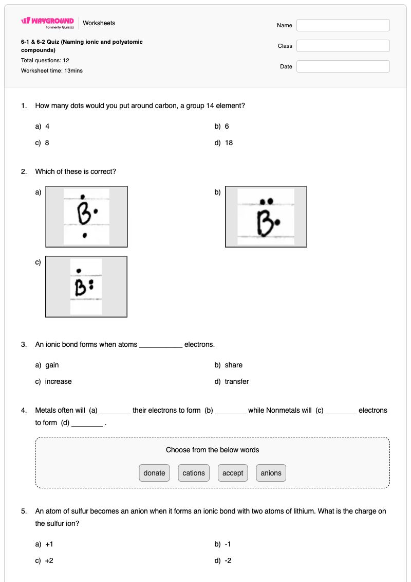 6-1 & 6-2 Quiz (Naming ionic and polyatomic compounds) - พิมพ์ได้ การตั้งชื่อสารประกอบ เวิร์กชีท ระดับ 10 - Wayground