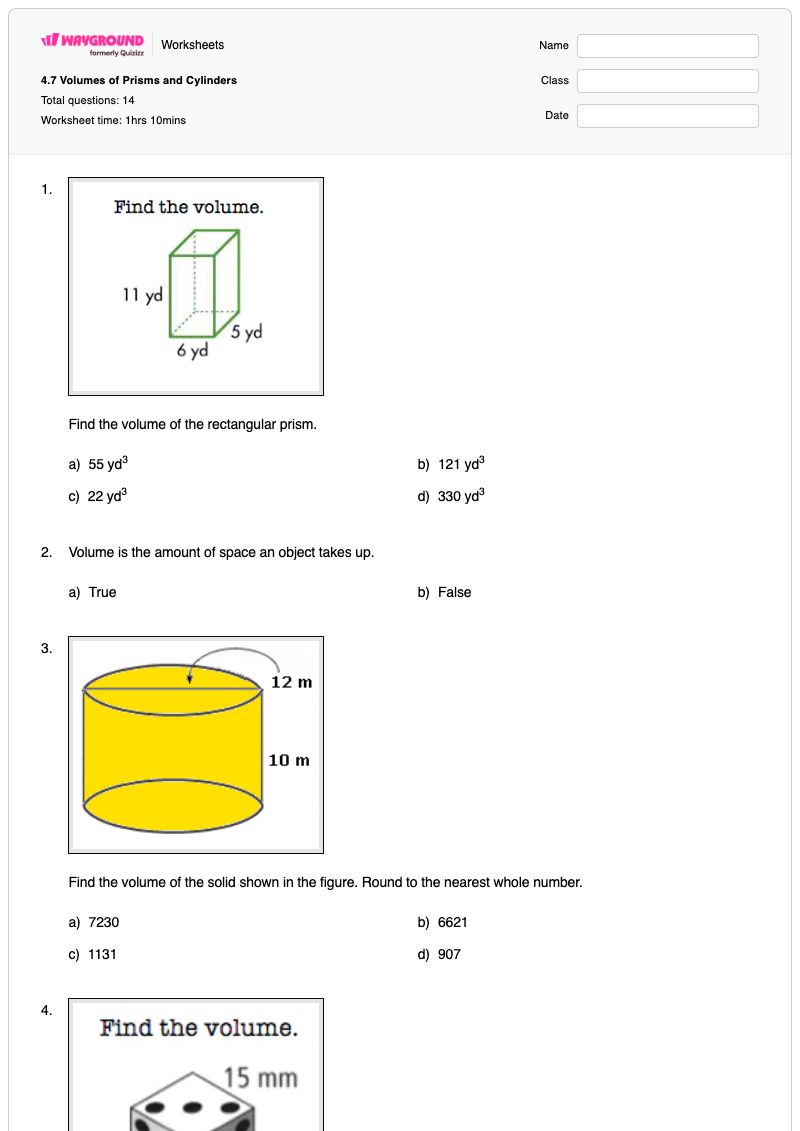 4.7 Volumes of Prisms and Cylinders  - พิมพ์ได้ Triangular-prisms เวิร์กชีท - Wayground