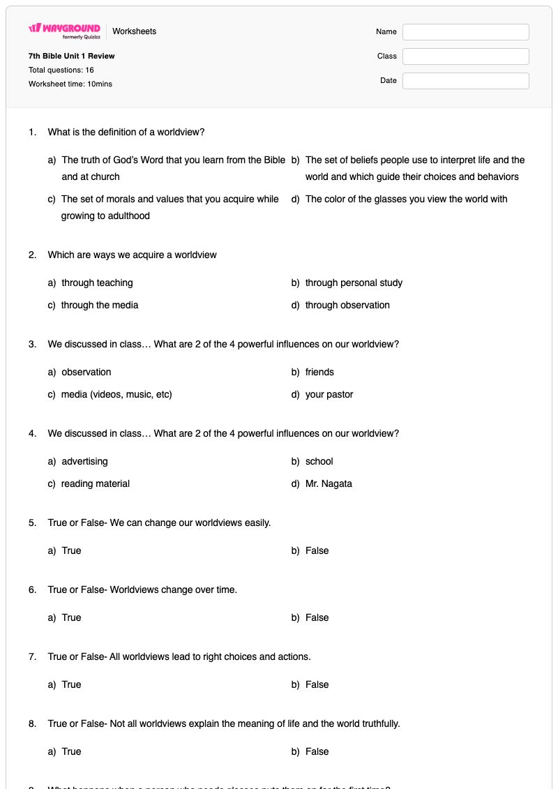 7th Bible Unit 1 Review - Printable The-basics Worksheets - Wayground