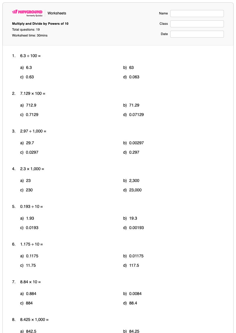 Multiply and Divide by Powers of 10 - Printable Powers-of-10 Worksheets - Wayground