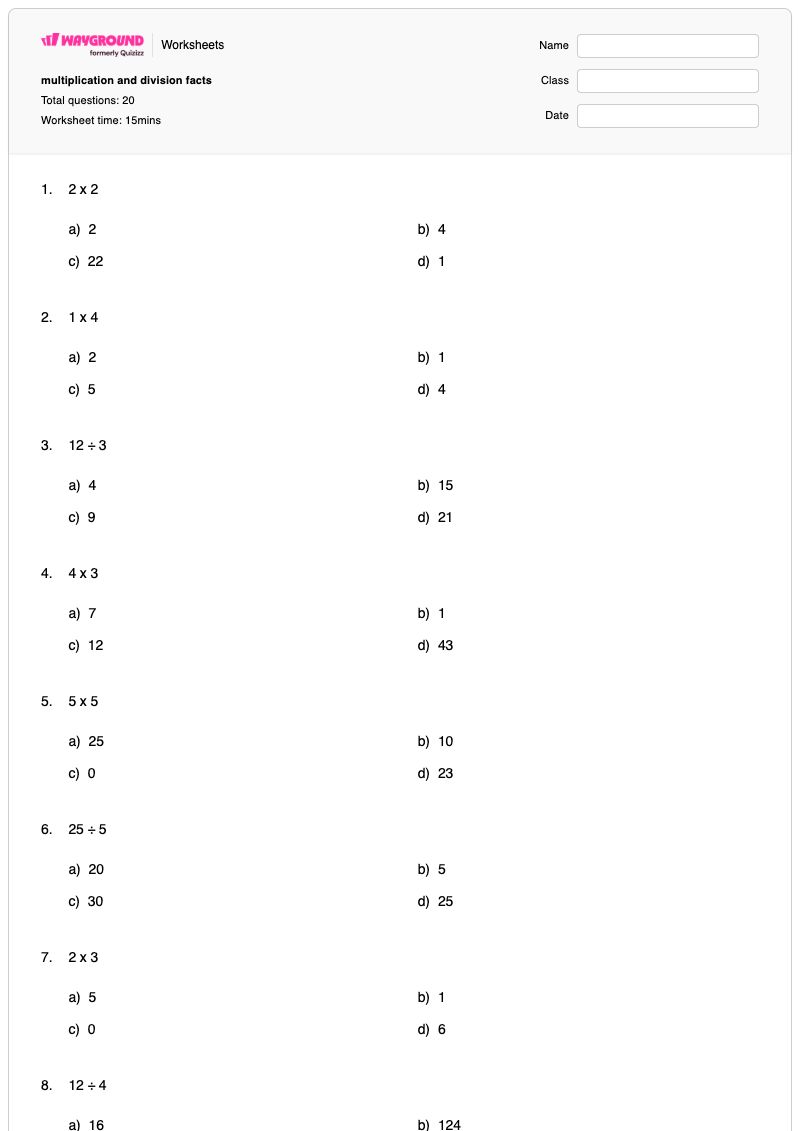 multiplication and division facts - Printable Multiplication Worksheets - Wayground