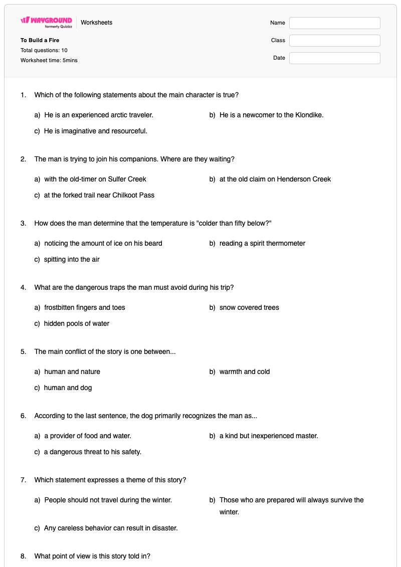 To Build a Fire - Free Printable Worksheet | Wayground