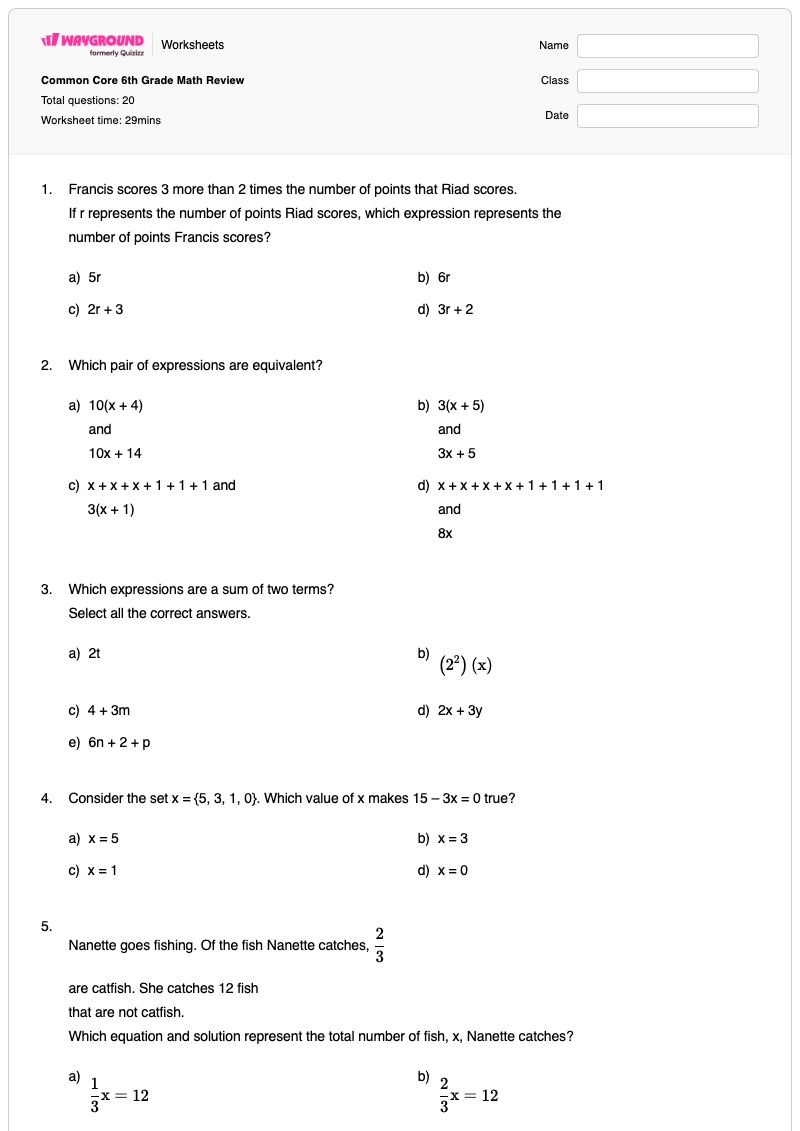 Common Core 6th Grade Math Review - พิมพ์ได้ Binary-code เวิร์กชีท ระดับ 6 - Wayground
