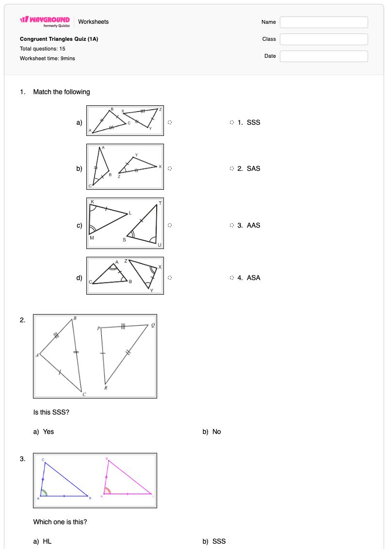 Congruent Triangles Quiz (1A) - Printable Math Worksheets - Wayground