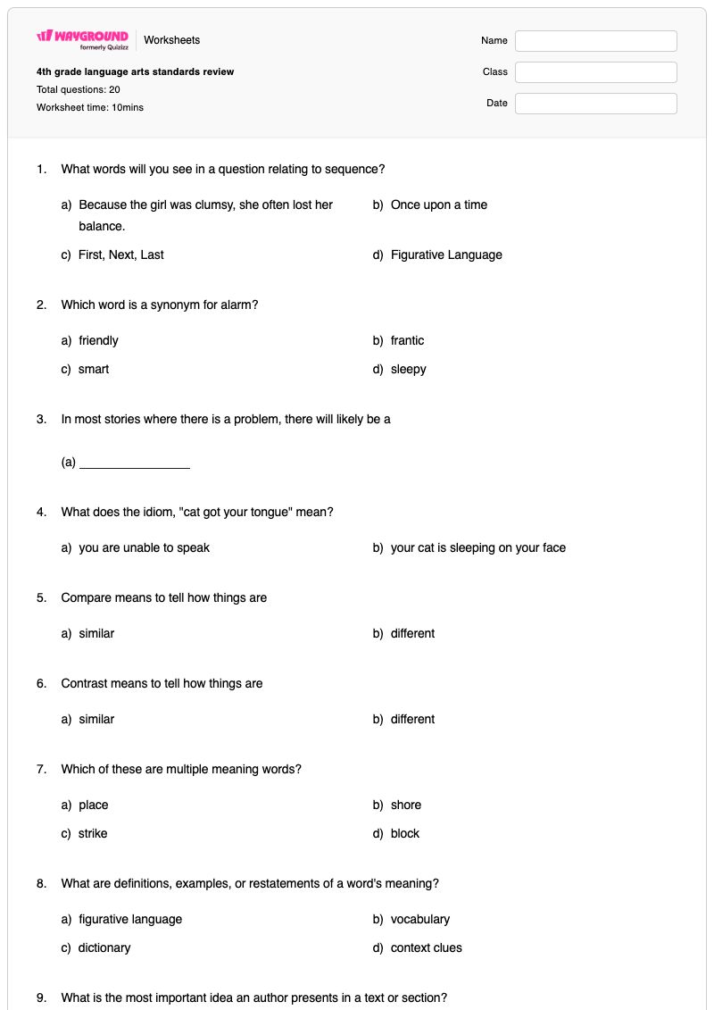 4th grade language arts standards review - พิมพ์ได้ Central-message เวิร์กชีท ระดับ 4 - Wayground