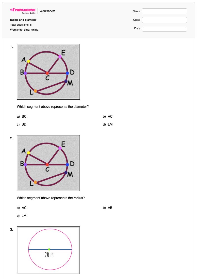 radius and diameter - พิมพ์ได้ Diameter เวิร์กชีท - Wayground