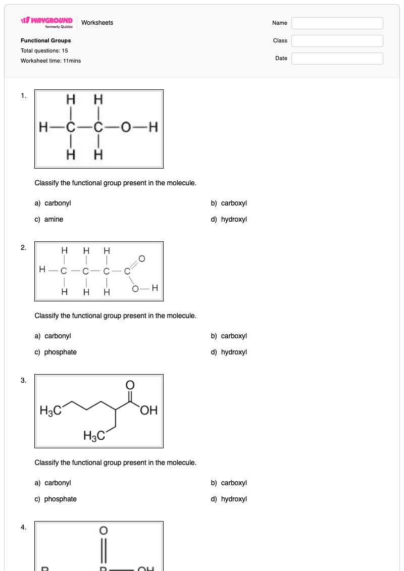 Functional Groups - พิมพ์ได้ การระบุหมู่ฟังก์ชัน เวิร์กชีท ระดับ 12 - Wayground