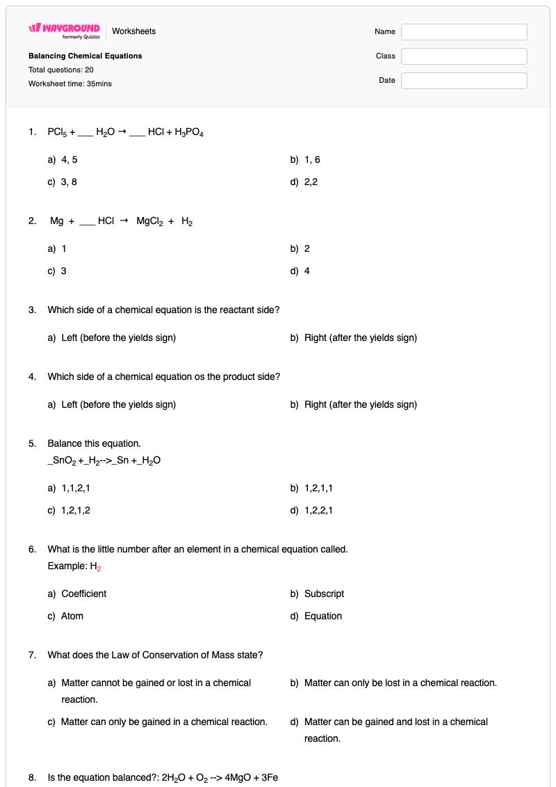 Balancing Chemical Equations - พิมพ์ได้ Equation-balancing เวิร์กชีท - Wayground