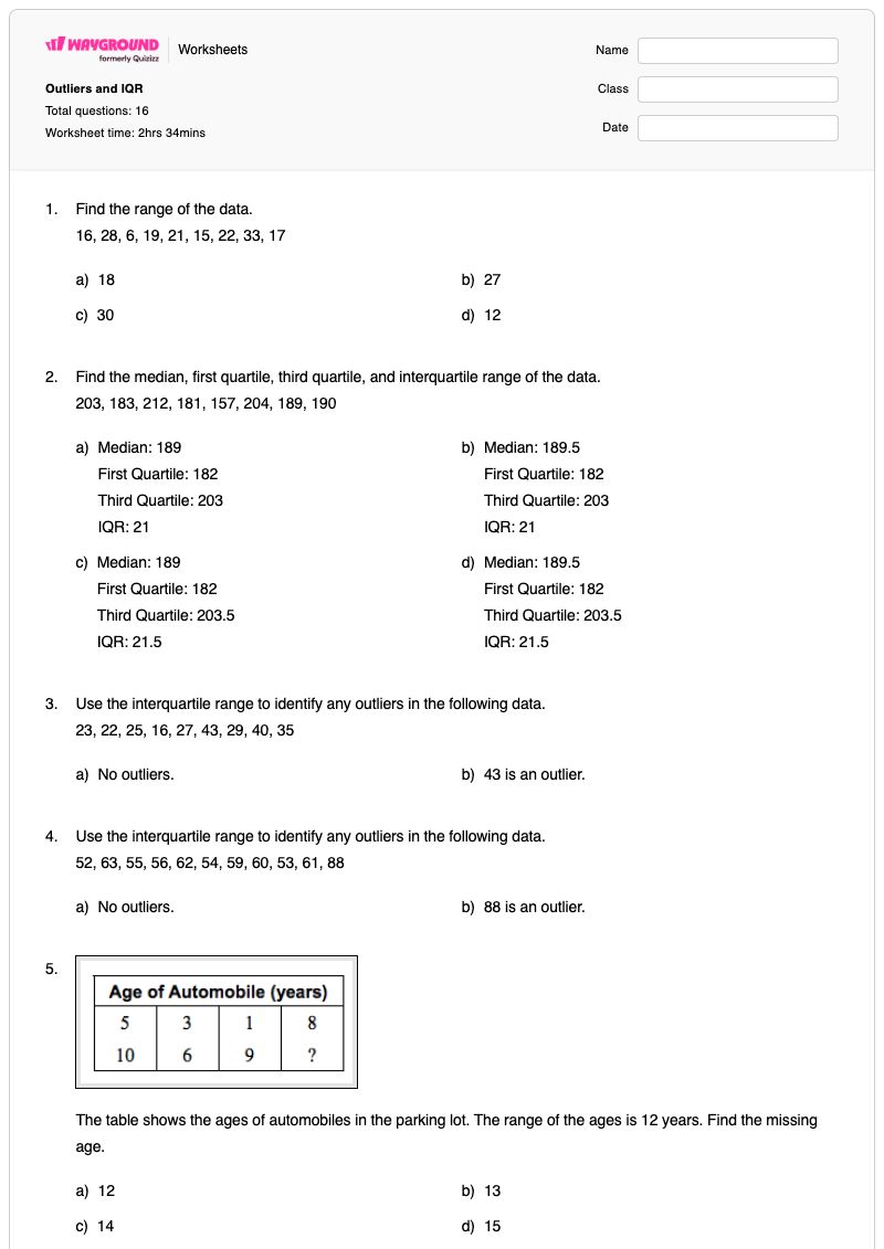 Outliers and IQR - Printable Outliers Worksheets Year 7 - Wayground