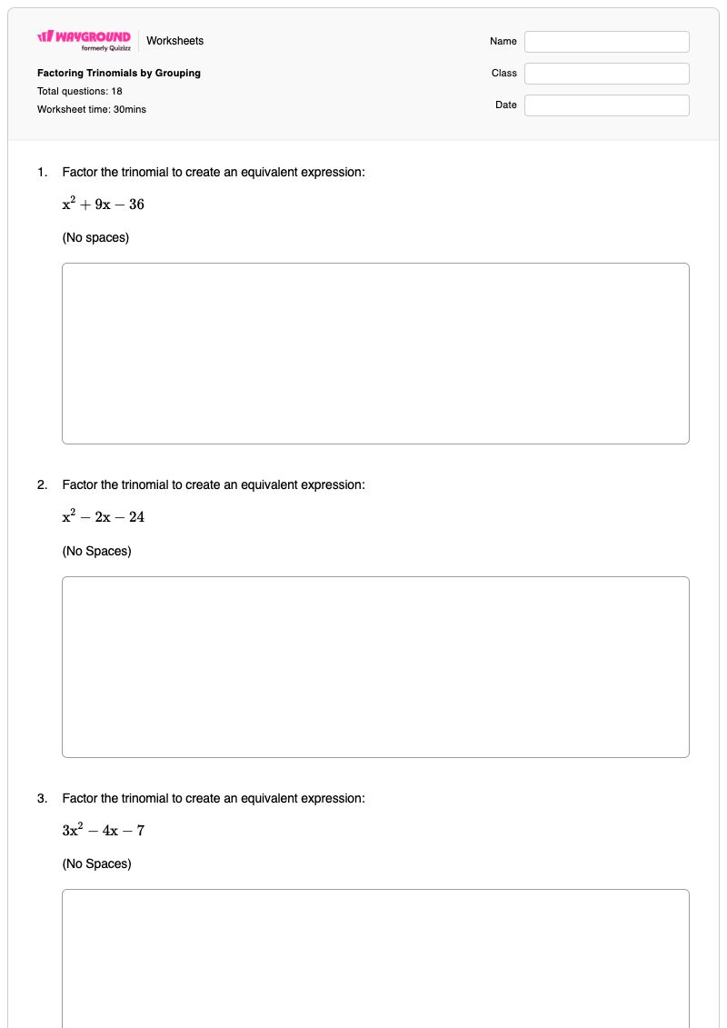 Factoring Trinomials by Grouping - พิมพ์ได้ แผนผังปัจจัย เวิร์กชีท ระดับ 8 - Wayground