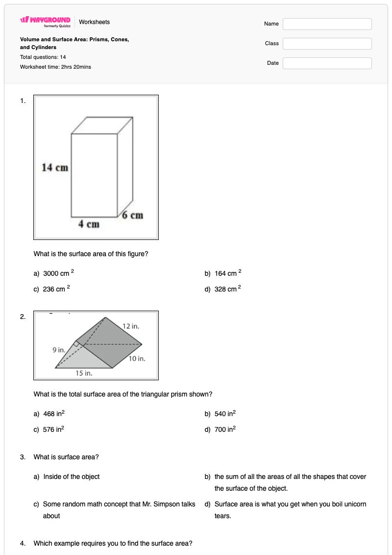 Volume and Surface Area: Prisms, Cones, and Cylinders - Printable Math Worksheets - Wayground