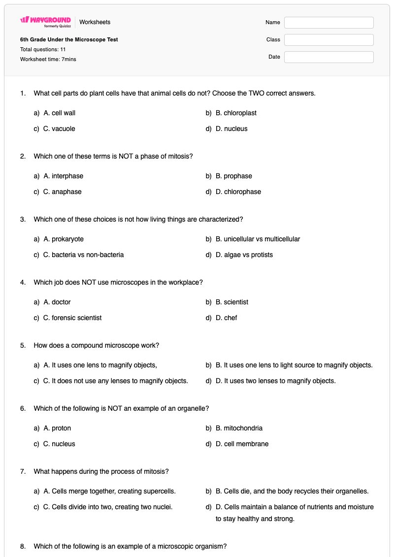 6th Grade Under the Microscope Test - Printable Parts-of-the-light-microscope Worksheets Class 6 - Wayground