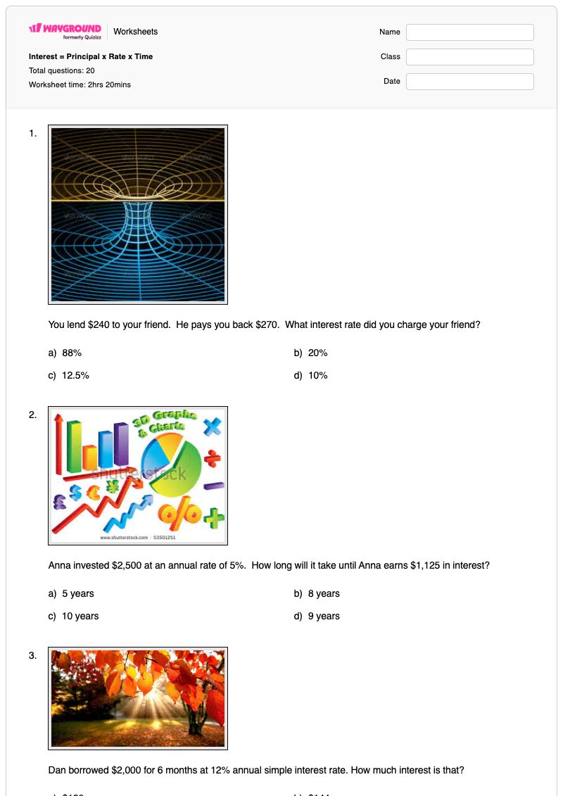 Interest = Principal x Rate x Time - Printable Time Worksheets - Wayground