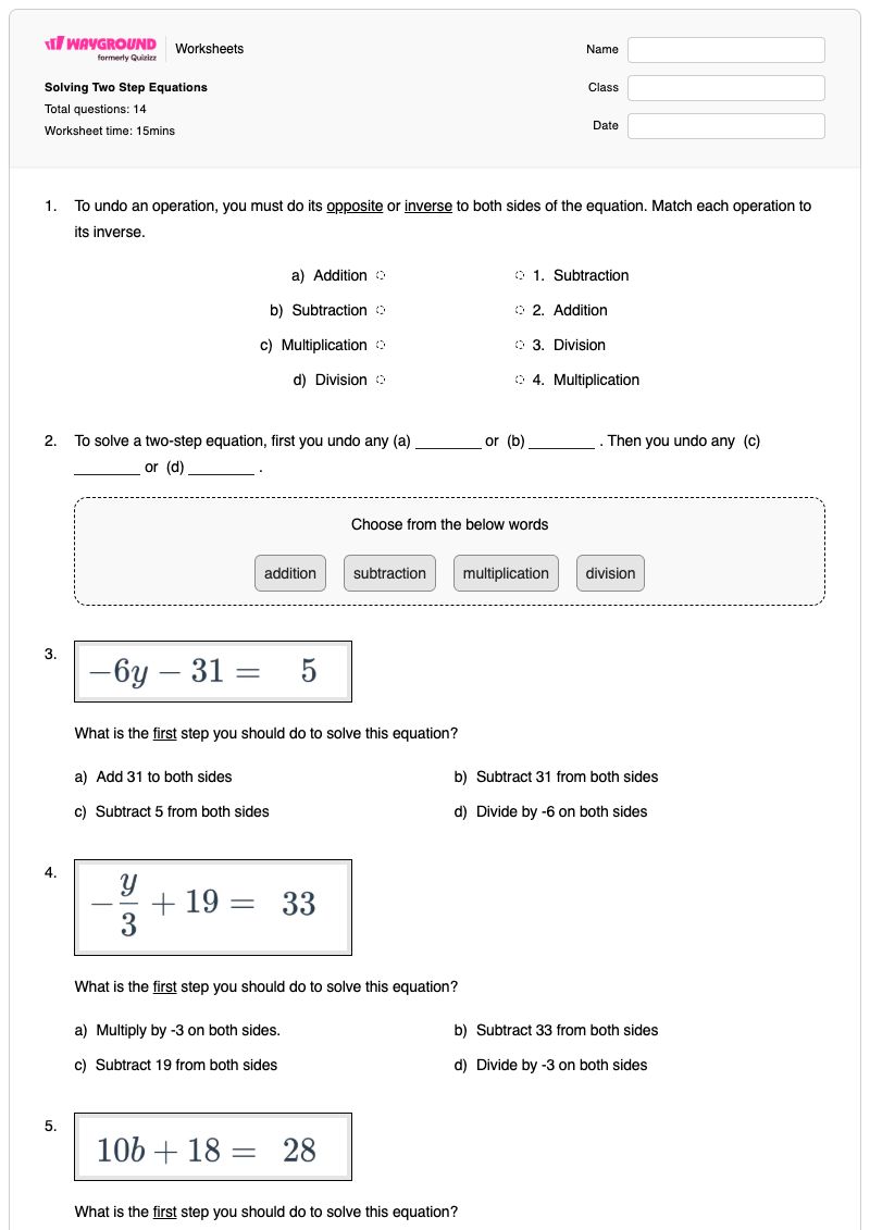Solving Two Step Equations - Printable Rearranging-equations Worksheets Year 6 - Wayground