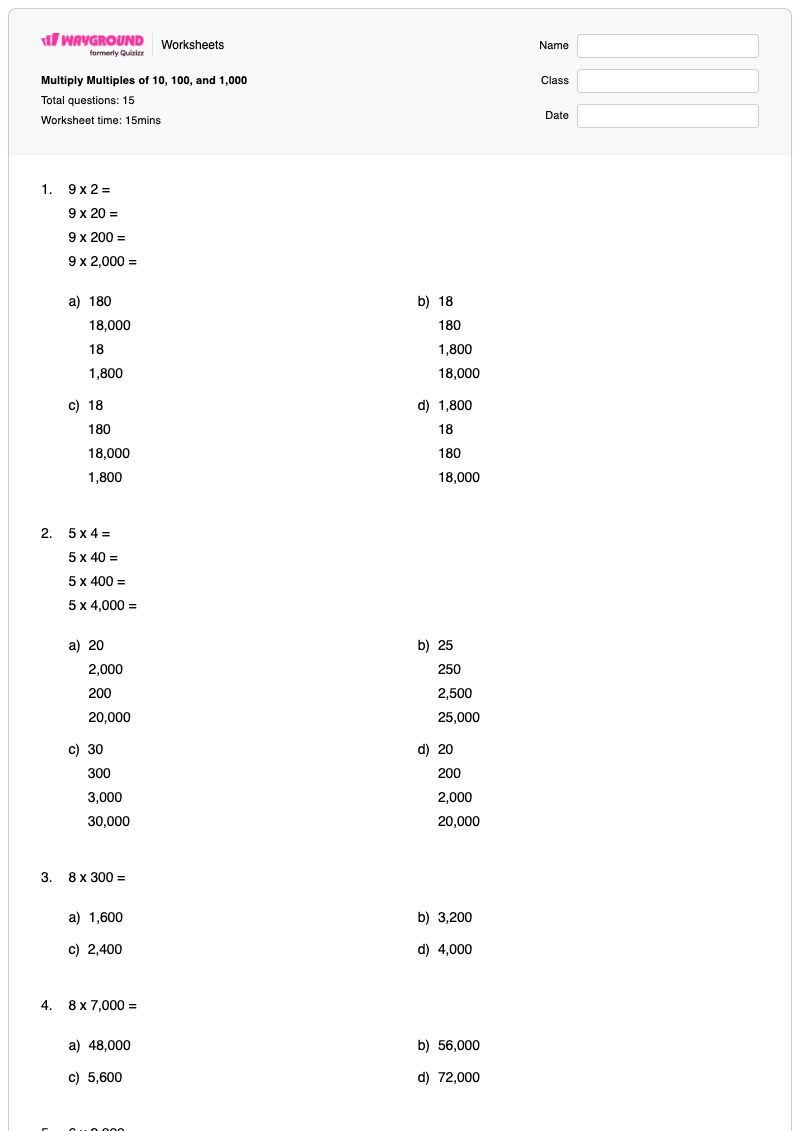 Multiply Multiples of 10, 100, and 1,000 - Printable Multiplication Worksheets - Wayground