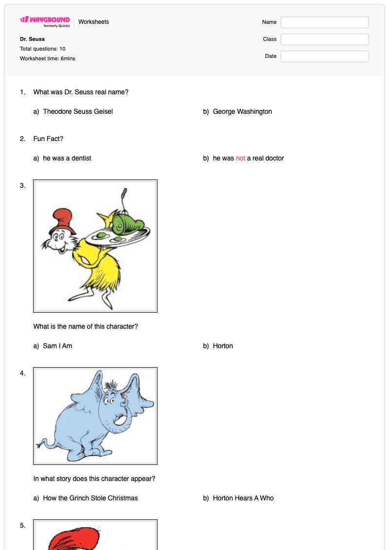 Dr. Seuss - Printable Math Worksheets - Wayground