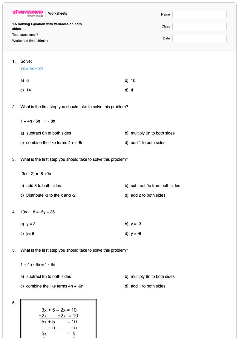 1.5 Solving Equation with Variables on both sides - พิมพ์ได้ สมการที่มีตัวแปรอยู่ทั้งสองข้าง เวิร์กชีท - Wayground
