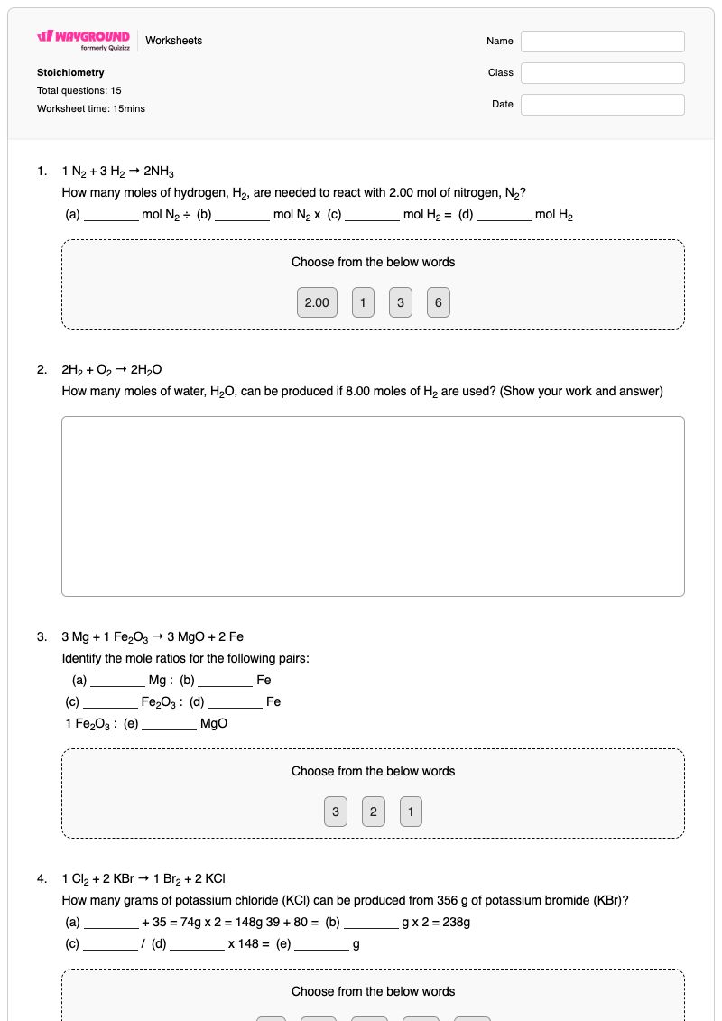 Stoichiometry - พิมพ์ได้ สโตอิคิโอเมตรี เวิร์กชีท - Wayground