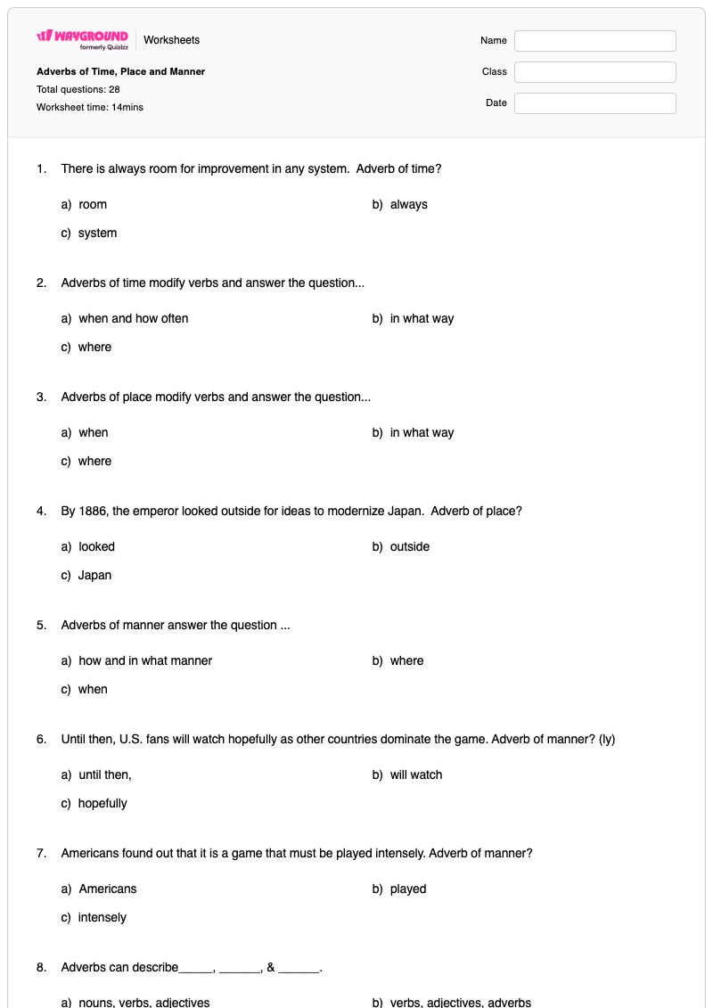Adverbs of Time, Place and Manner - Printable Time Worksheets - Wayground