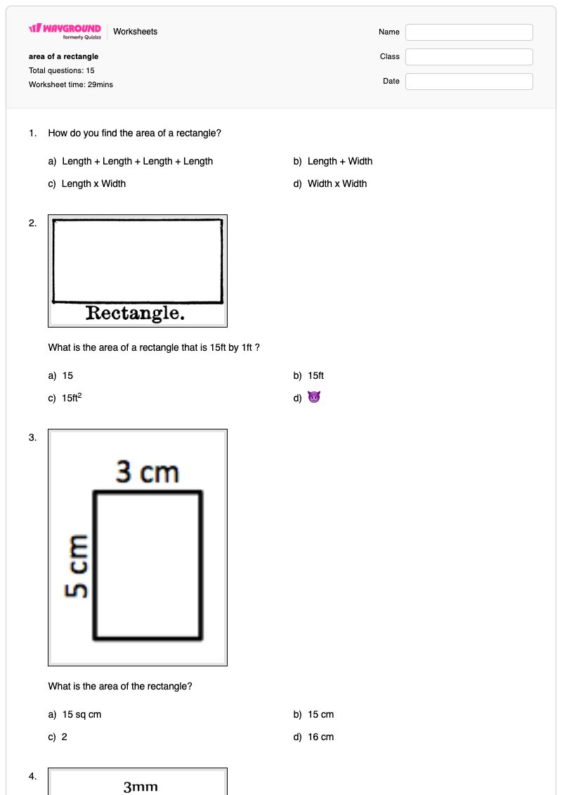 area of a rectangle  - Printable Area-of-a-rectangle Worksheets - Wayground