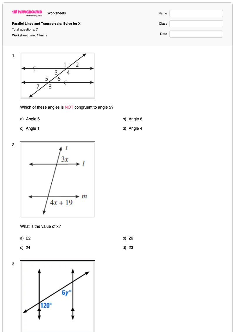 Parallel Lines and Transversals:  Solve for X - พิมพ์ได้ เส้นตัดขวางของเส้นขนาน เวิร์กชีท - Wayground
