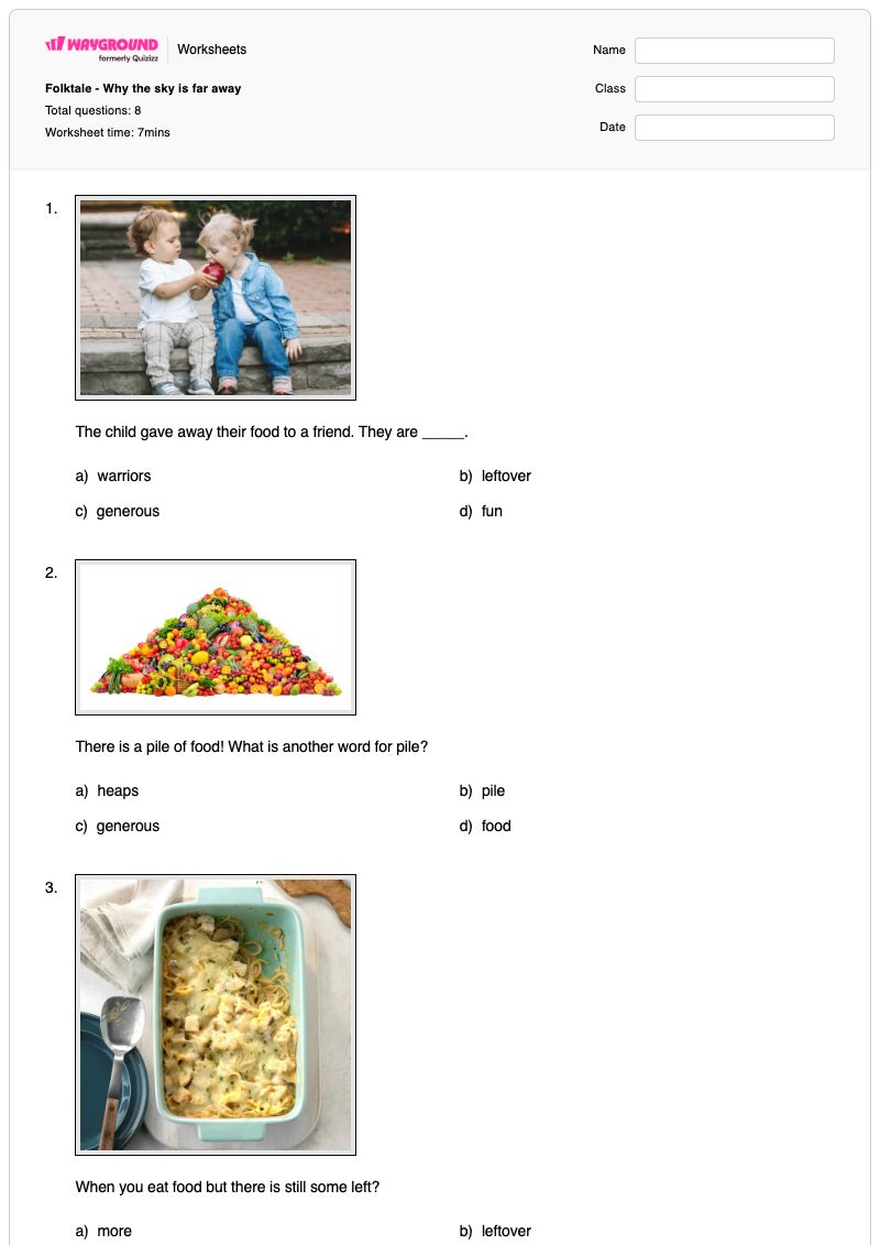 Folktale - Why the sky is far away - Printable Math Worksheets - Wayground