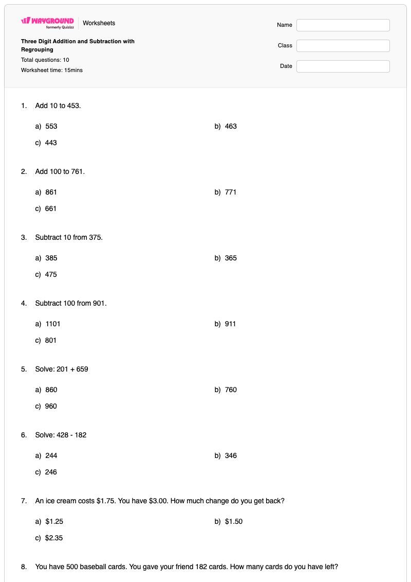 Three Digit Addition and Subtraction with Regrouping - Printable Three-digit-addition-with-regrouping Worksheets - Wayground