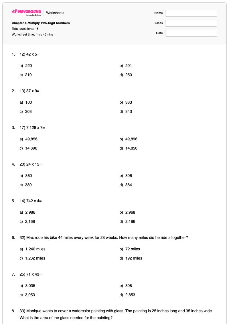 Chapter 4-Multiply Two-Digit Numbers - พิมพ์ได้ ตัวเลขสองหลัก เวิร์กชีท โรงเรียนอนุบาล - Wayground