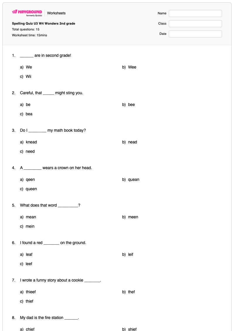 Spelling Quiz U3 W4 Wonders 2nd grade - Printable Math Worksheets Year 2 - Wayground