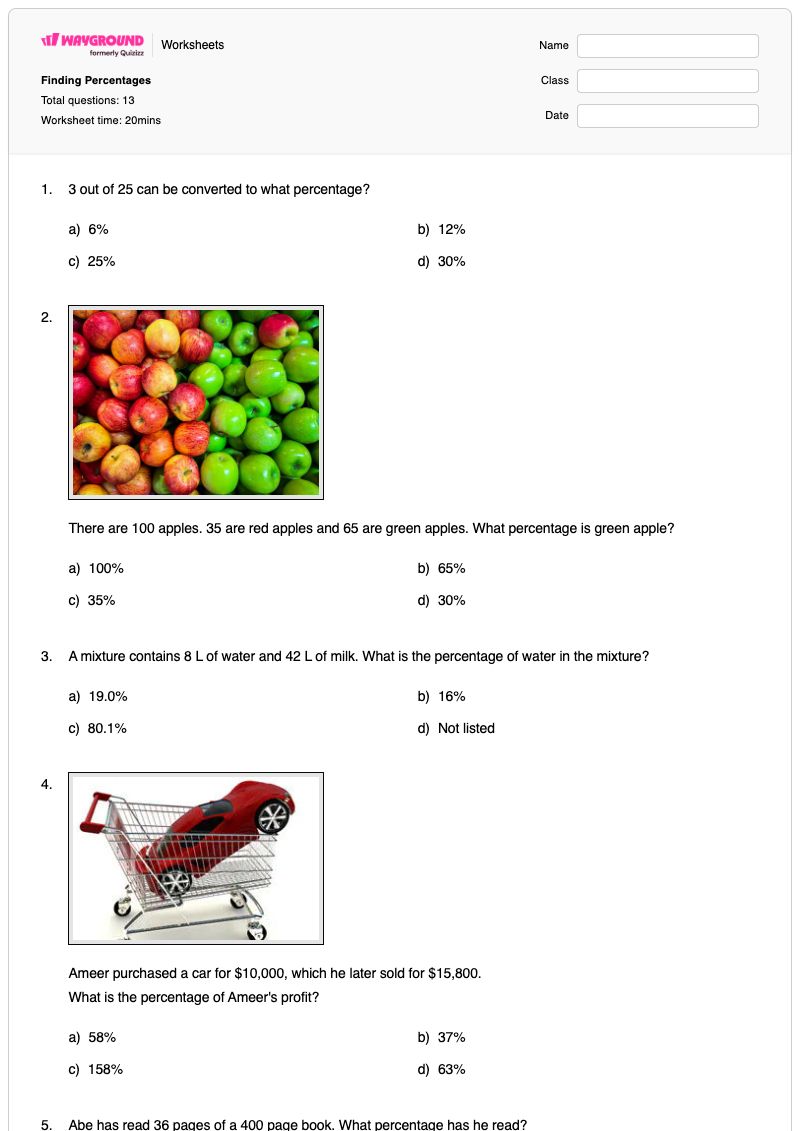 Finding Percentages - Printable Percentage-story-problems Worksheets Grade 7 - Wayground