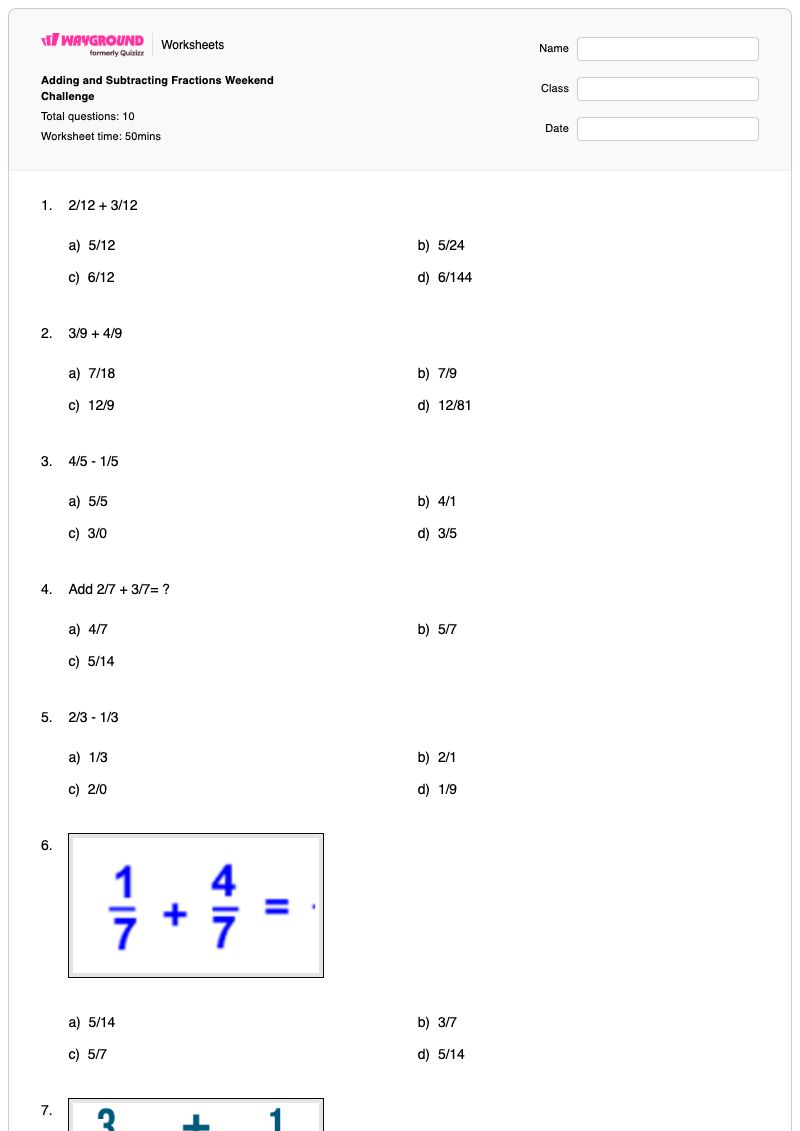 Adding and Subtracting Fractions Weekend Challenge - Printable Fractions Worksheets - Wayground