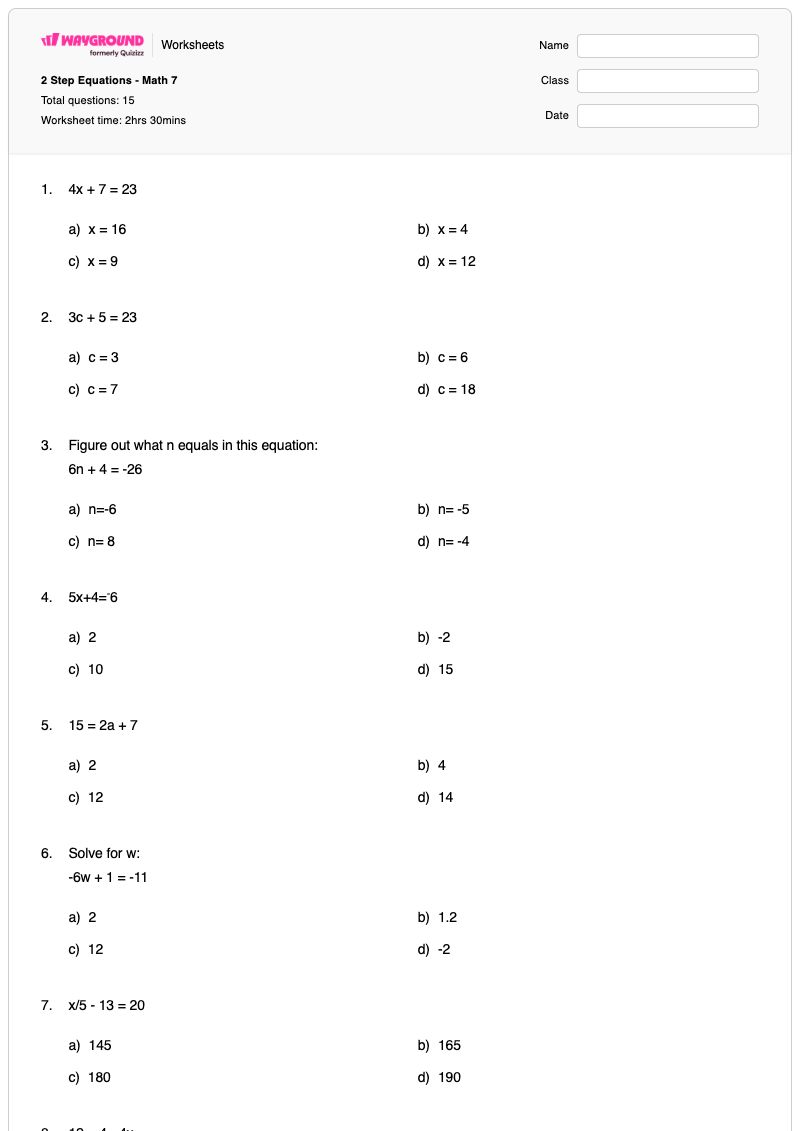 2 Step Equations - Math 7 - Printable Math Worksheets - Wayground