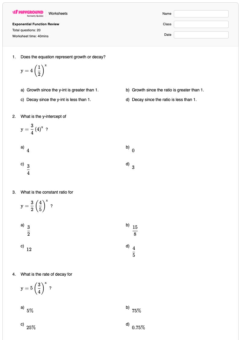 Exponential Function Review - Printable Exponential-growth-and-decay Worksheets - Wayground