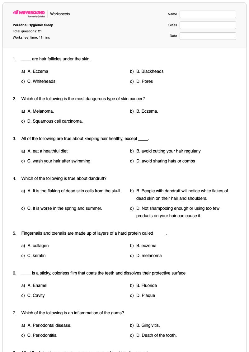 Personal Hygiene/ Sleep - Printable Personal-hygiene Worksheets Kindergarten - Wayground
