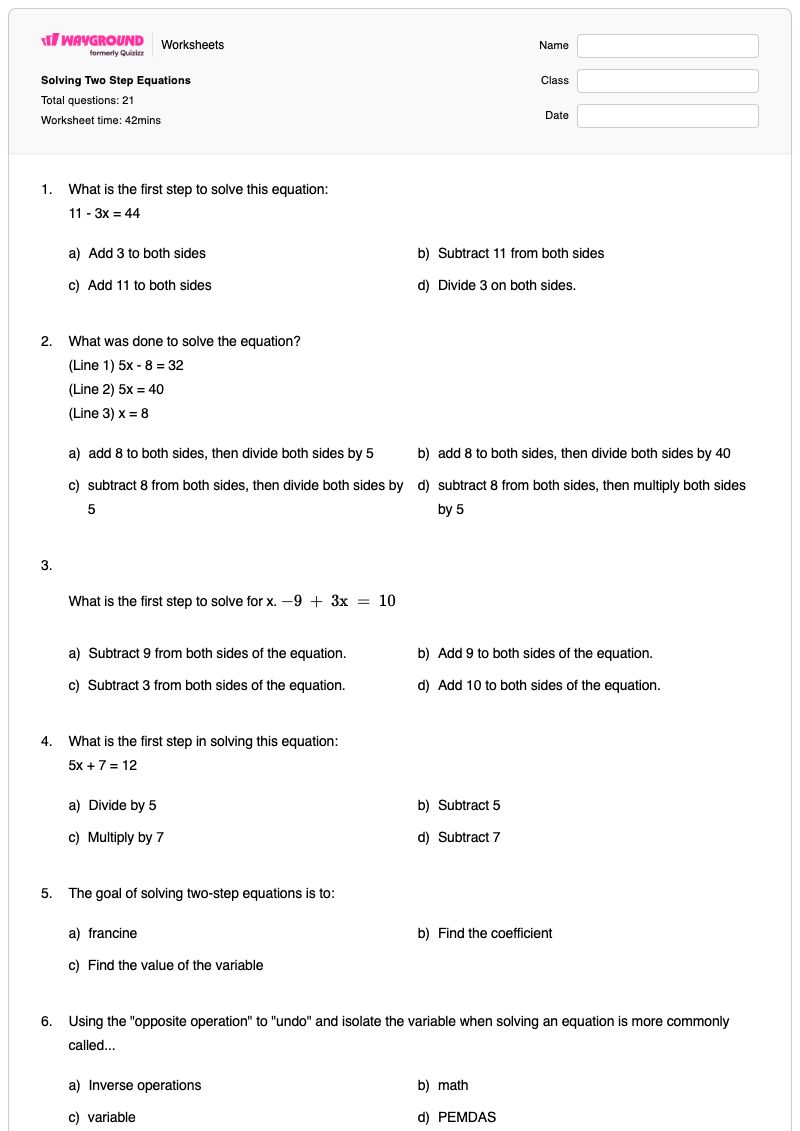 Solving Two Step Equations - Printable Two-step-equations Worksheets - Wayground