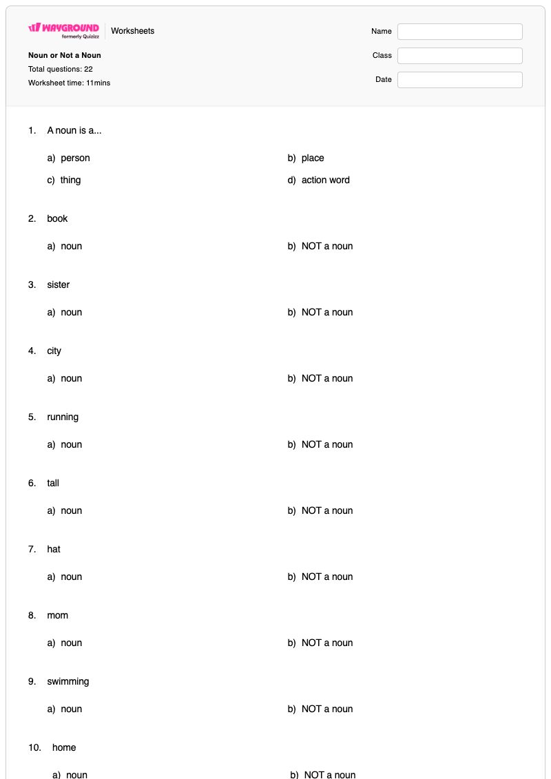 Noun or Not a Noun - Printable Noun-identification Worksheets Year 2 - Wayground